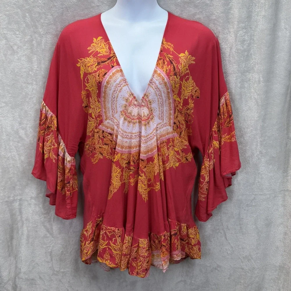 Free‎ People Sunset Dreams Tunic Top Womens L Red Flared Sleeve V-Neck Boho